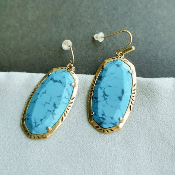 Kendra Scott - Elle Vintage Gold Variegated Turquoise Etch Frame Drop Earrings - Picture 3 of 3